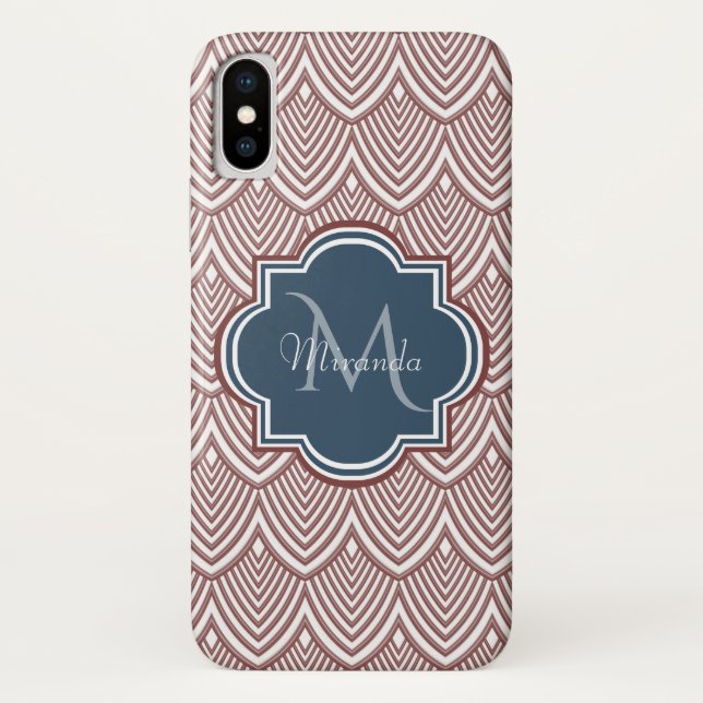 Dark Red Deko Scallops Navy Blue Monogram Name Case-Mate iPhone Hülle (Rückseite)