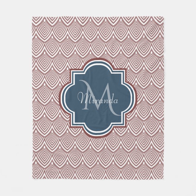 Dark Red Deko Scallops Navy Blue Monogram Name Fleecedecke (Vorderseite)