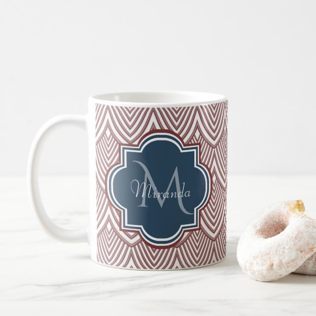 Dark Red Deko Scallops Navy Blue Monogram Name Kaffeetasse (Mit Donut)