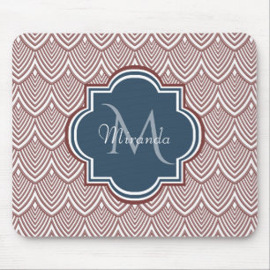 Dark Red Deko Scallops Navy Blue Monogram Name Mousepad