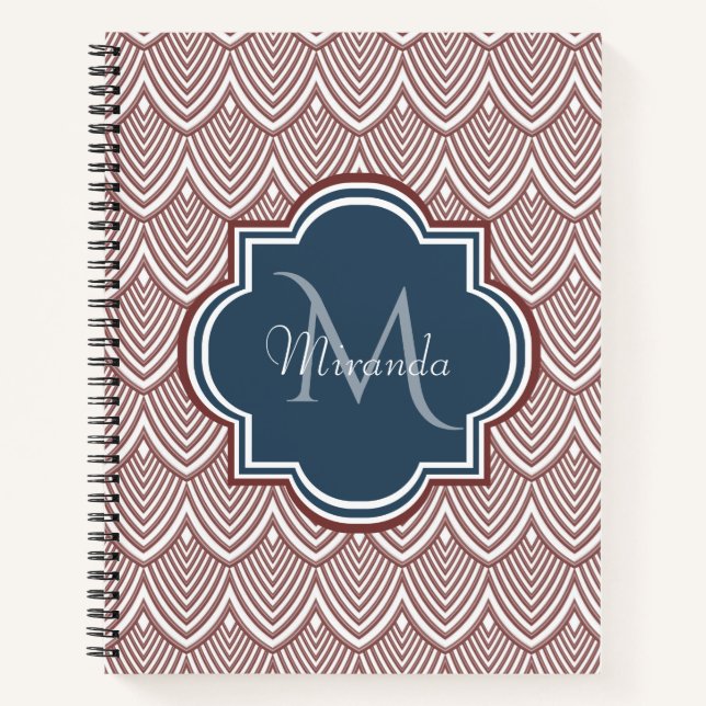 Dark Red Deko Scallops Navy Blue Monogram Name Notizbuch (Vorderseite)