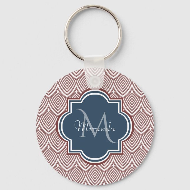 Dark Red Deko Scallops Navy Blue Monogram Name Schlüsselanhänger (Vorderseite)