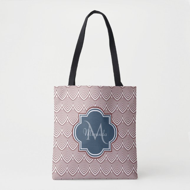 Dark Red Deko Scallops Navy Blue Monogram Name Tasche (Vorderseite)
