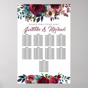 Dark Red Floral 9-Tisch Hochzeitskarte Poster