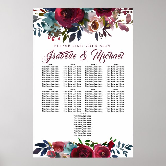Dark Red Floral 9-Tisch Hochzeitskarte Poster (Vorne)