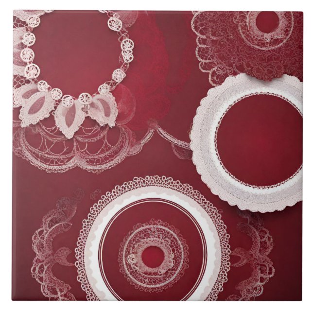 Dark Red Floral AI art Keramik Tile Fliese (Vorderseite)