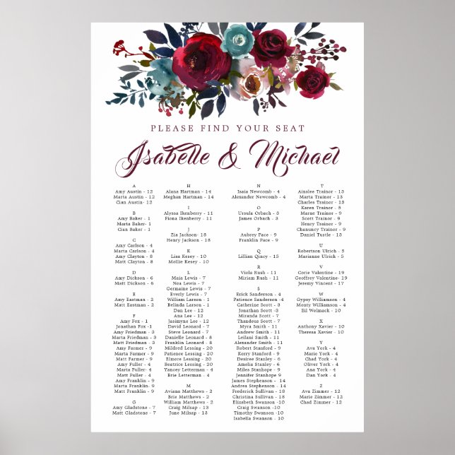 Dark Red Floral Alphabetical Wedding Seating Chart Poster (Vorne)