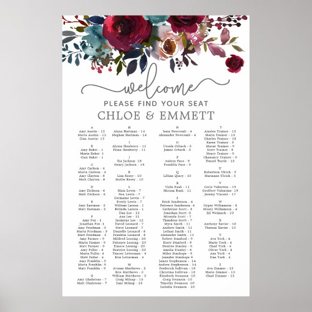 Dark Red Floral Alphabetical Wedding Seating Chart Poster (Vorne)