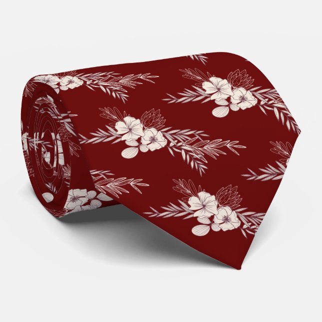 Dark Red Floral Wedding Neck Tie Krawatte (Gerollt)