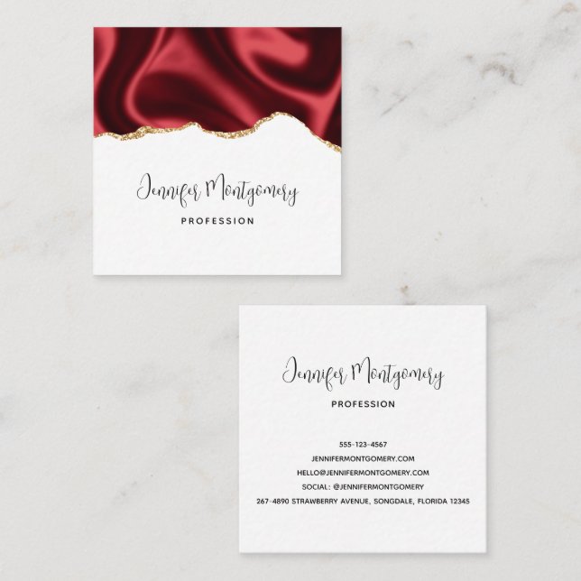 Dark Red Glam Wavy Satin Abstract Design Square Quadratische Visitenkarte (Vorne/Hinten)