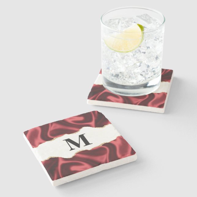 Dark Red Glam Wavy Satin Abstract Design Steinuntersetzer (Seitenansicht)