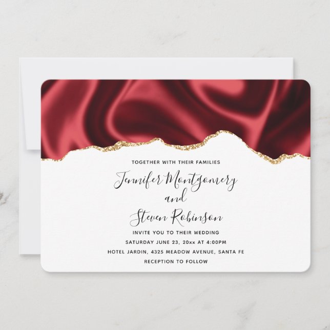 Dark Red Glam Wavy Satin Abstract Design Wedding Einladung (Vorderseite)