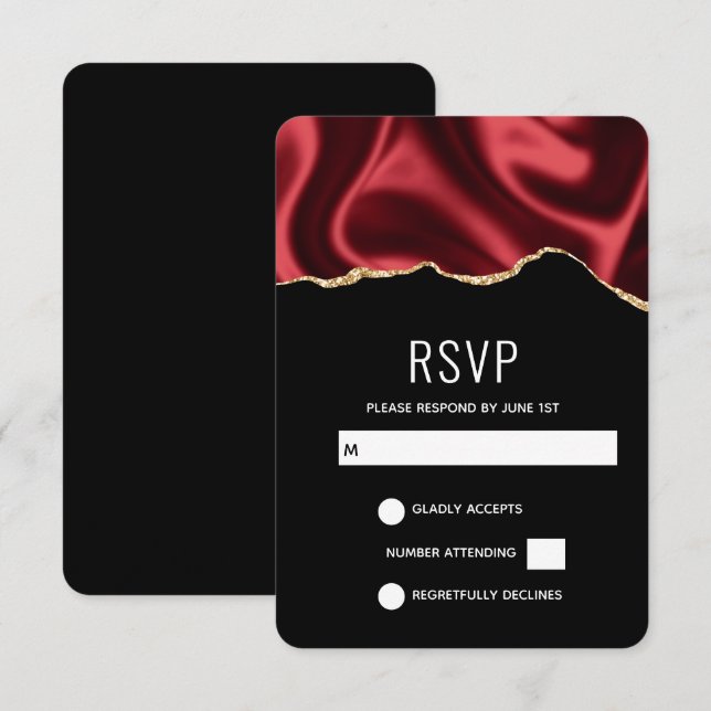 Dark Red Glam Wavy Satin Abstract Design Wedding RSVP Karte (Vorne/Hinten)