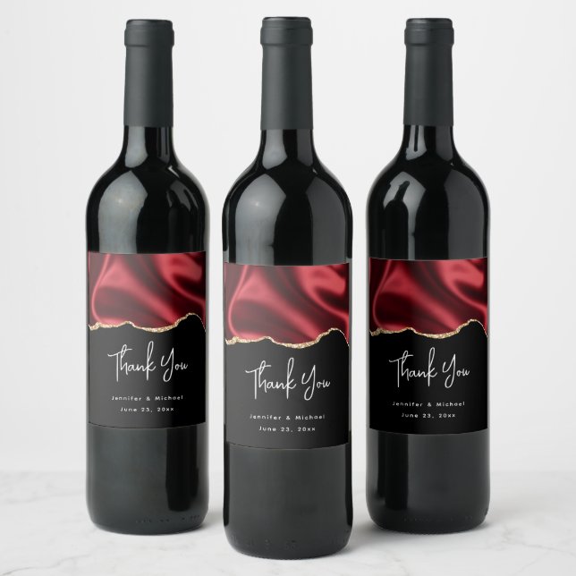 Dark Red Glam Wavy Satin Abstract Design Wedding Weinetikett (Flaschen)
