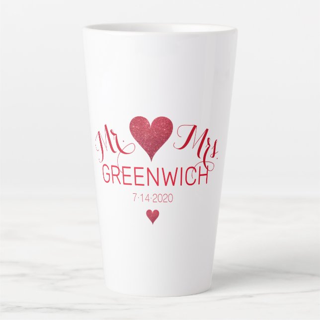 Dark Red Glitzer Heart Couple Large Latte Tasse (Vorderseite)