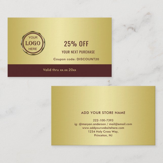 Dark-red gold design,Logo or Photo in gold circle, Rabattkarte (Vorne/Hinten)