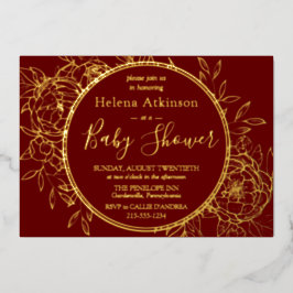 Dark Red & Gold Modern Peony Toile Baby Dusche Folieneinladung