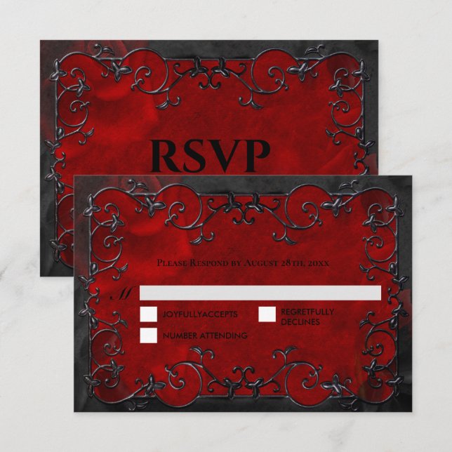 Dark red Gothic Halloween Wedding RSVP Card (Devant / Derrière)