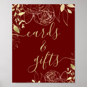 Dark Red Maroon & Gold Moderne Blumenkarten & Gesc Poster