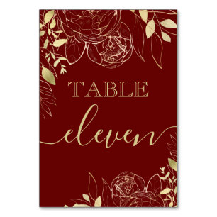 Dark Red Maroon & Gold Peony Moderne Blumenhochzei Tischnummer