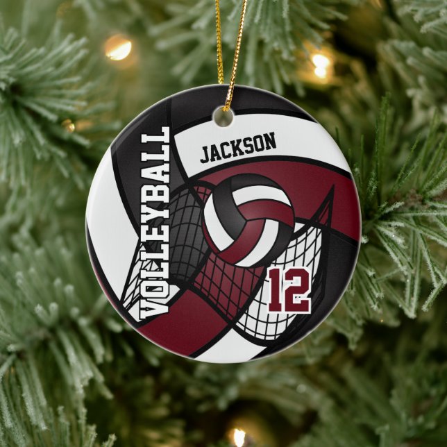 Dark Red Maroon, White and 🏐 Volleyball Keramik Ornament (Baum)