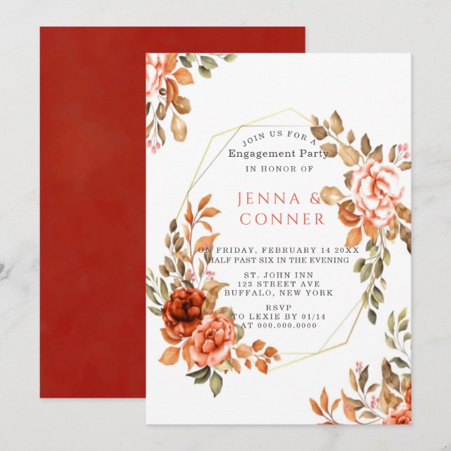 Dark Red Orange Floral Geometric Engagement Party Einladung (Vorne/Hinten)