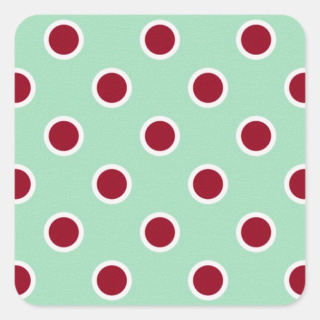 Dark Red Polka Dots auf blassgrün Quadratischer Aufkleber (Vorderseite)