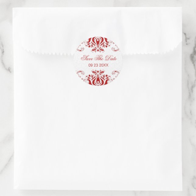 Dark Red Swirl Lace & White Damask Runder Aufkleber (Tasche)
