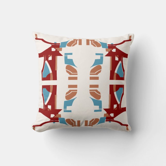 Dark Red Tan Blue auf Off-white Mediterranean Moti Kissen (Vorderseite)