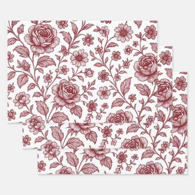 Dark Red Vintag Rose Pattern Geschenkpapier Set (Set)