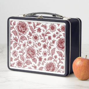 Dark Red Vintag Rose Pattern Metall Brotdose