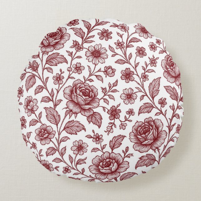 Dark Red Vintag Rose Pattern Rundes Kissen (Vorderseite)