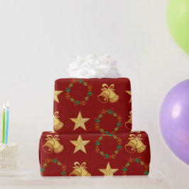 Dark Red Wrapping Paper w Gold Bells, Stars Wreath Geschenkpapier