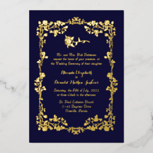 Dark Regency Blue Verziert Rose Border Folieneinladung