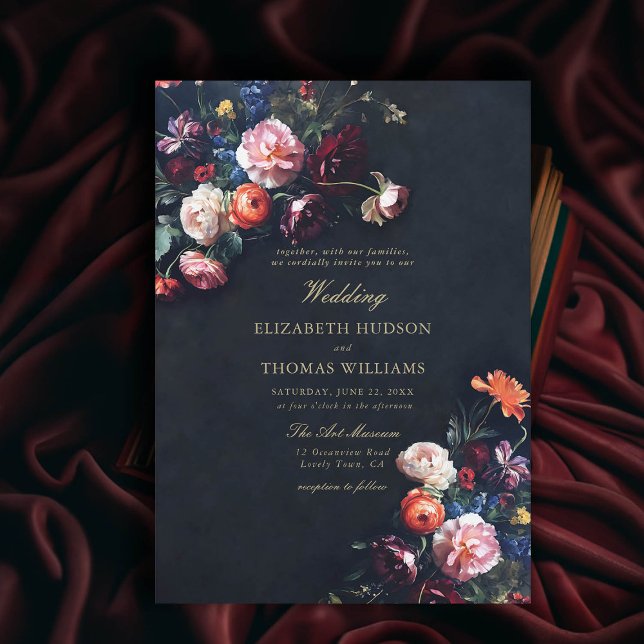 Dark Romance Fairytale Moody Bouquet Navy Hochzeit Einladung (dark romance wedding invitation fairytale romantic black navy dutch masters floral modern classic)