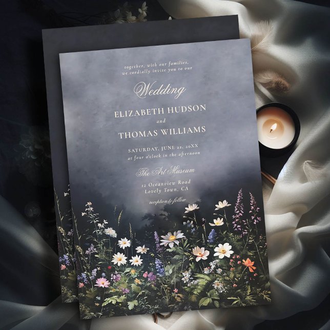Dark Romantic Dusk Moody Wildblumen Hochzeit Einladung (moody dark romantic wedding invitation dusk garden wild flowers black white purple modern classic)