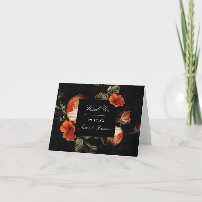 Dark Romantic Floral Rose Holländische Master Wedd Dankeskarte (Vorderseite)