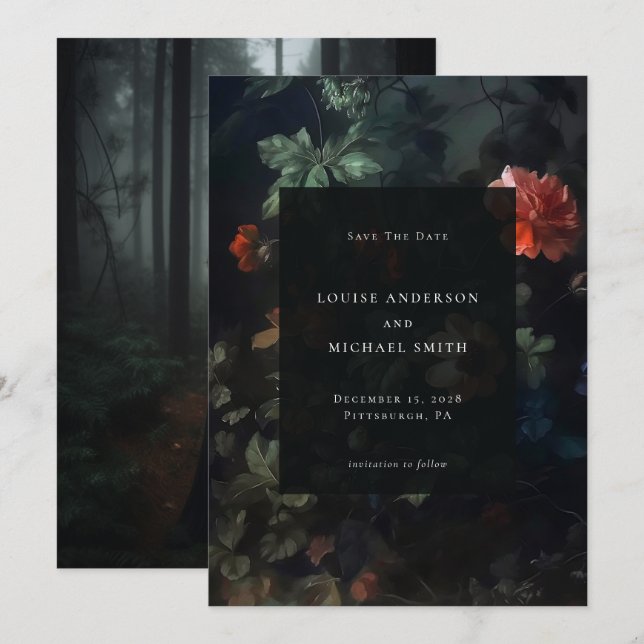 Dark Romantic Moody Floral Wedding Foto Save The Date (Vorne/Hinten)