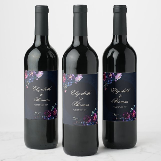 Dark Romantic Moody Florals Gothic Black Wedding Weinetikett (Flaschen)