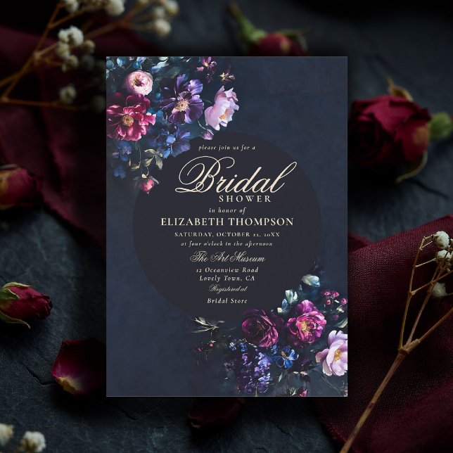 Dark Romantic Moody Florals Jewel Bridal Shower Einladung (jewel tone bridal shower invitation dark moody romantic gothic dutch painting navy blue emerald fuch)