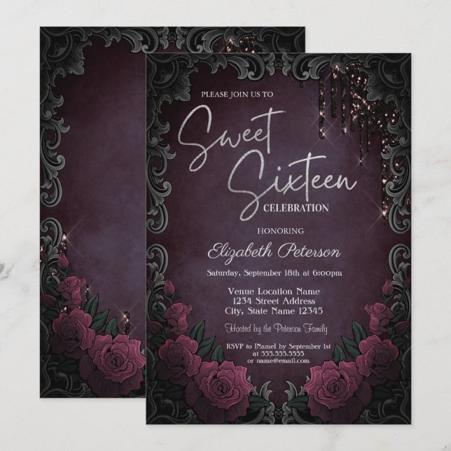 Dark Roses Frame Burgundy Glitter Drips Sweet 16  Einladung (Vorne/Hinten)