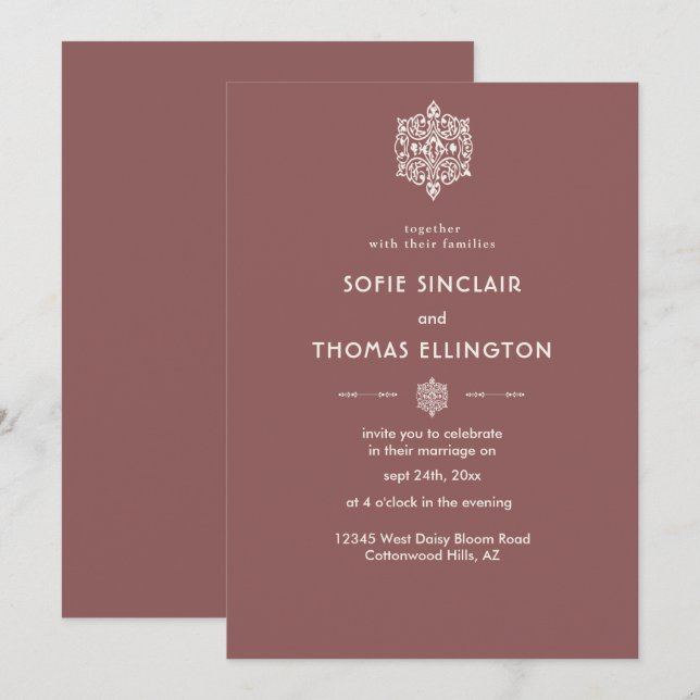 Dark Rosewood Ornament Hochzeit Einladung (Vorne/Hinten)