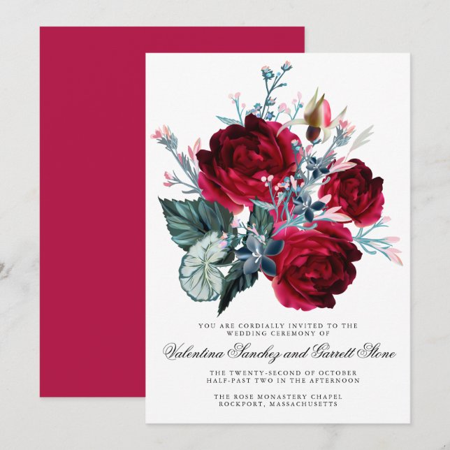 Dark Rote Rose Floral Wedding Einladung (Vorne/Hinten)