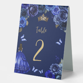 Dark Royal Blue Gold Floral Princess Quinceañera Tischaufsteller