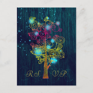 Dark Royal Blue Spiral Trees Rustic Wedding RSVP Einladungspostkarte