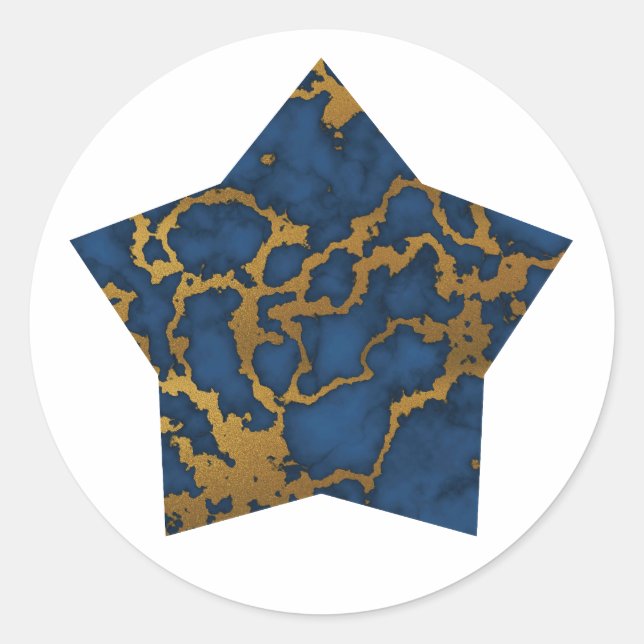 Dark Royal Blue und Gold Marmor Texture auf Star Runder Aufkleber (Vorderseite)
