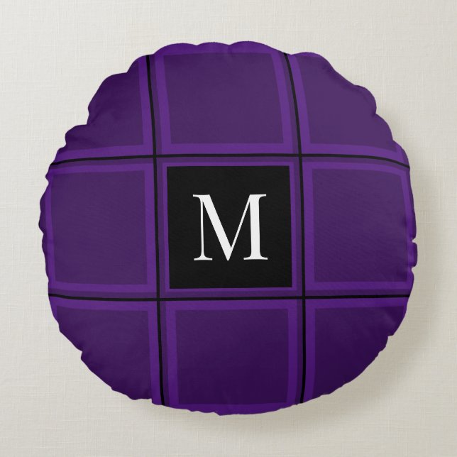 Dark Royal Lila Striped Custom Single Initial Rundes Kissen (Vorderseite)