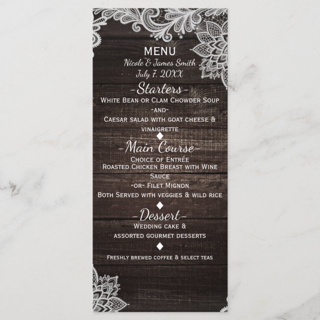 Dark Rustic Wood & Elegante Lace Wedding Menu Menükarte (Vorderseite)