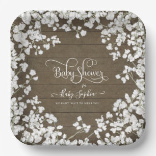 Dark Rustic Wood Script Babys Breath Baby Dusche Pappteller