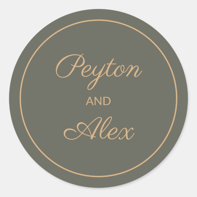Dark Sage Green Bride Groom Name Envelope Geschenk Runder Aufkleber (Vorderseite)